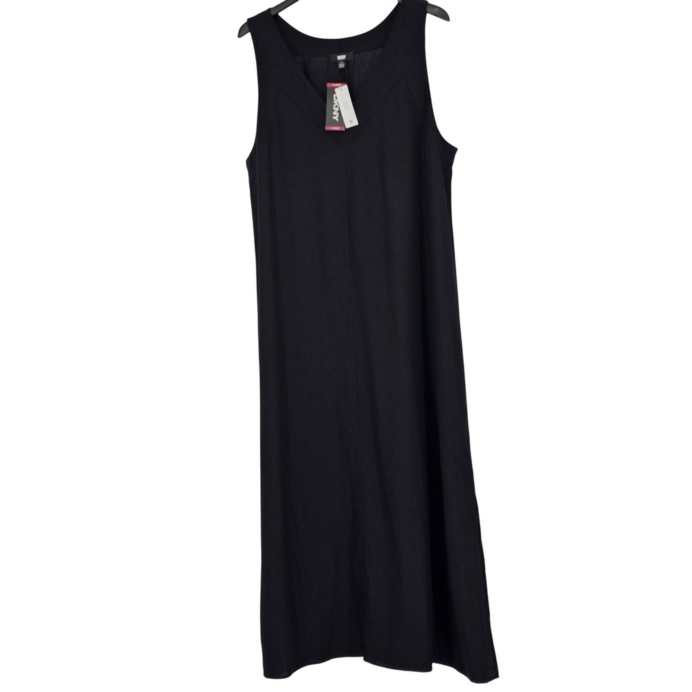 DKNY Linen Blend Maxi Dress XL Black Side Slits Minimalist Quiet Luxury Coastal